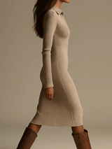 Amandine™ | Robe Midi Côtelée Beige