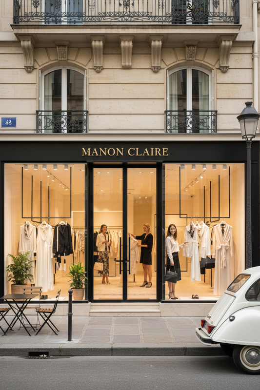 a fashion store in paris, where woman are shopping. simple logo MANON CLAIRE. long picture for mobile